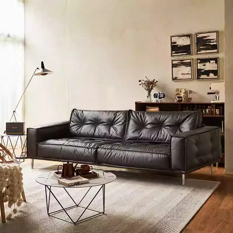 French Retro Oil Wax Leather Sofa, Top Grain Cowhide, Mid-Century Tofu Block Straight Sofa for Small Living Room