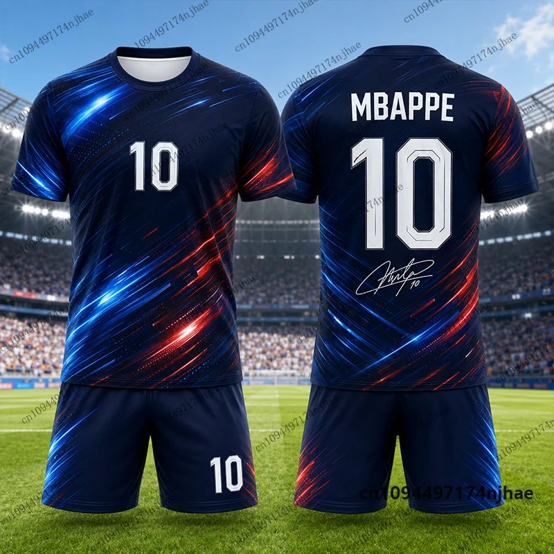 Kinder-Trainingsanzug Frankreich Fans Mbappé Nr. 10 Print T-Shirt+Shorts Set Fußballtrikot Anzug Sport Kinder/Erwachsene 2-teiliges Outfit – Detail 5