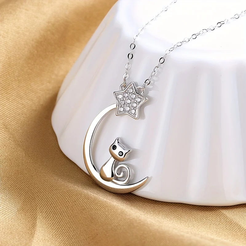 925 Sterling Silver Star Moon Necklace Cute Cat Zircon Pendant Necklace Collarbone Chain