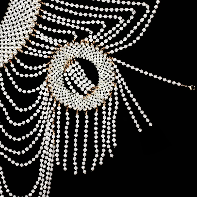 Hazem Story 섹시한 여성 진주 바디 체인 브래지어 목도리 패션 조절 가능한 크기 어깨 목걸이 탑 체인 웨딩 드레스 진주