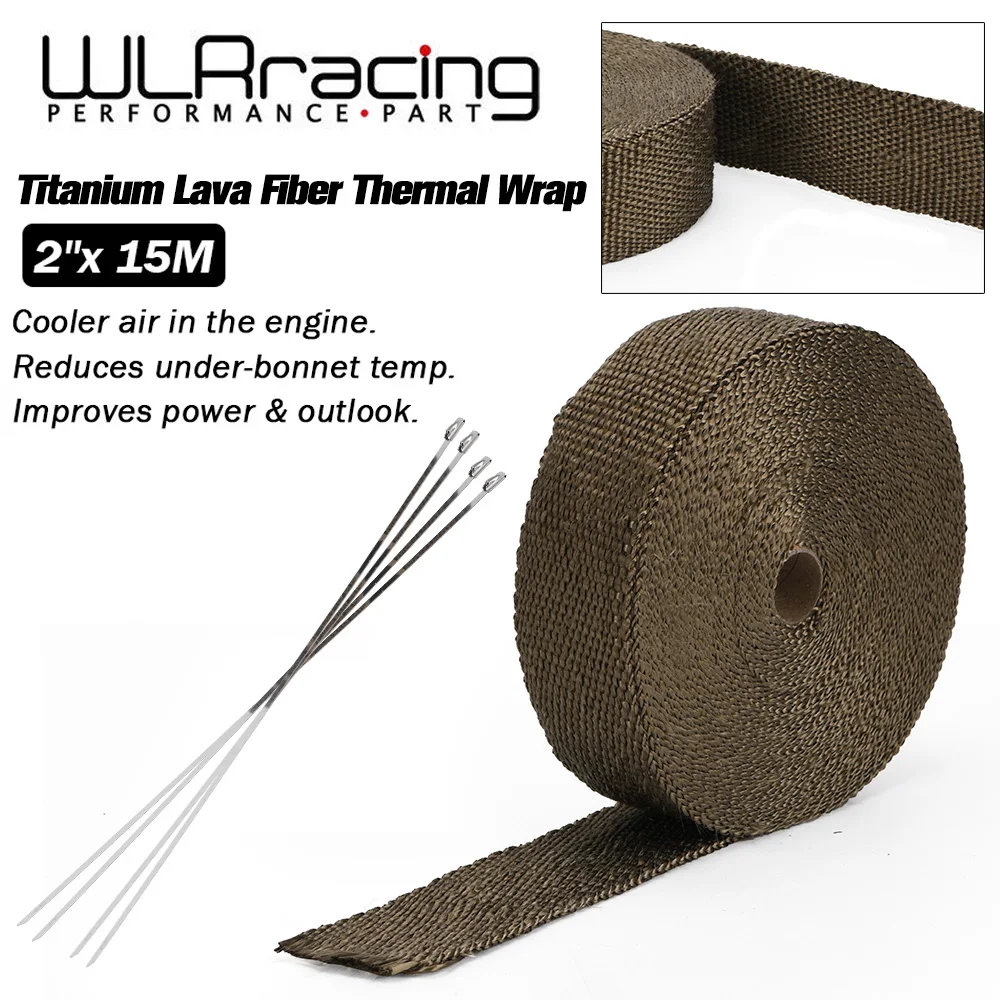 WLR RACING - 15M Premium Exhaust Heat Wrap Manifold Wrap Titanium Lava Fiber Thermal Heat Wrap + 6 pcs Ties WLR1915T