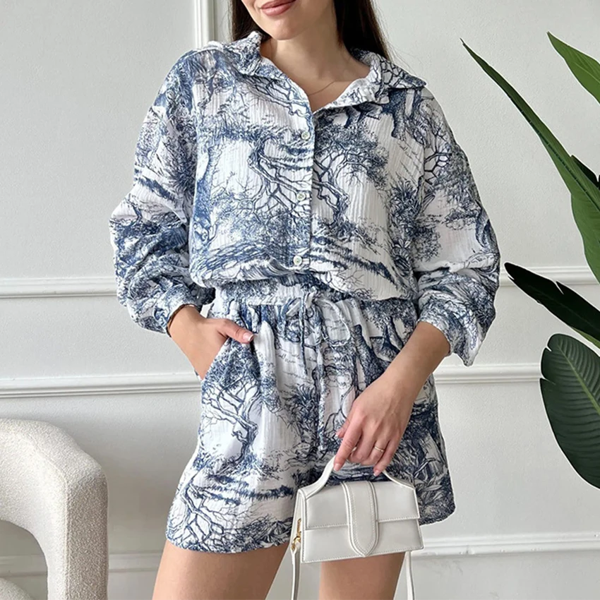 

Autumn New 100% Cotton Printing Comfortable Long-sleeved Shorts Pajamas 2Pcs Lingerie Sleepwear Women's Cotton Pyjama Nightwear