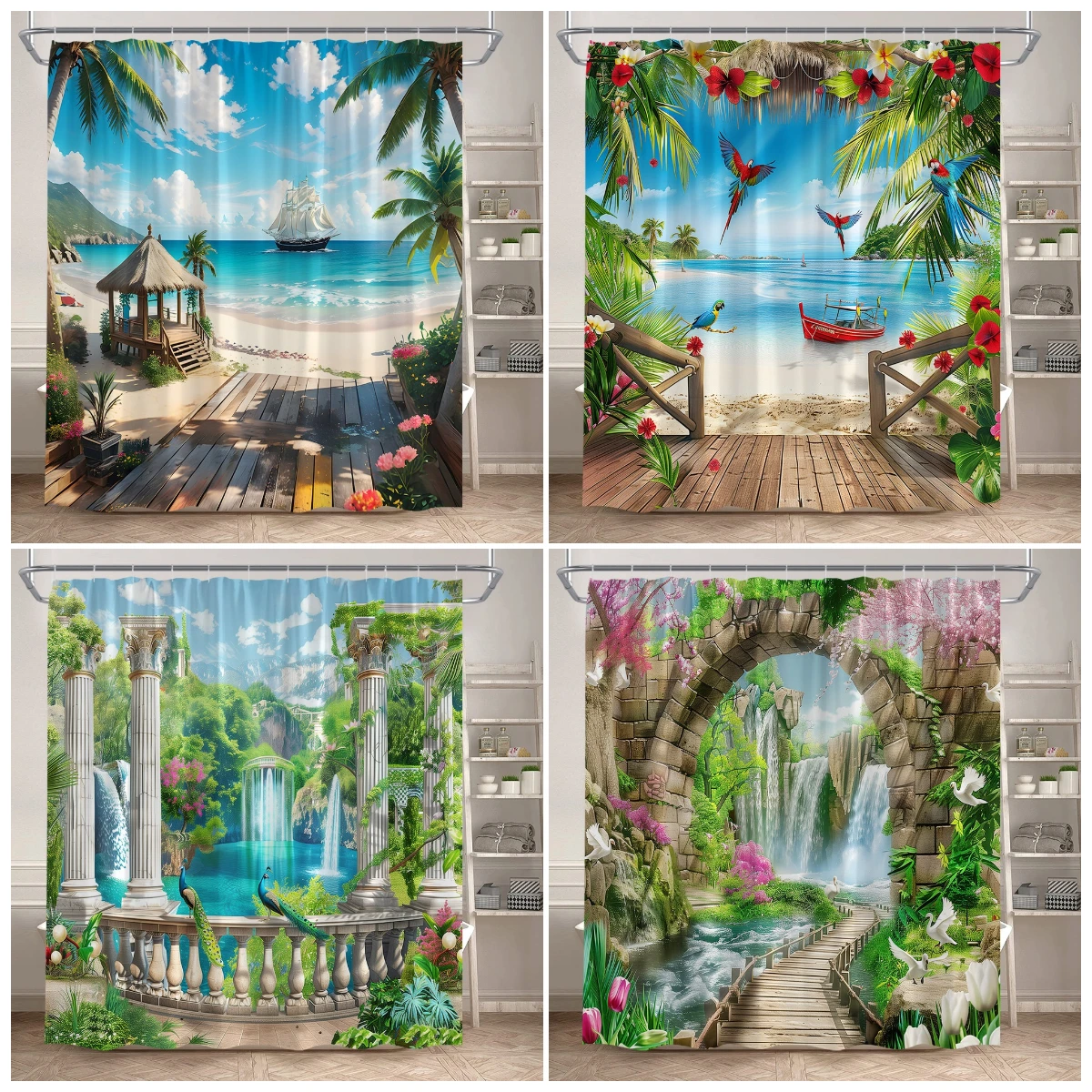 Island Ocean Landscape Shower Curtain Forest Waterfall Peacocks Parrot Beach Palm Tree Plant Scenery Home Bathroom Decor Curtain