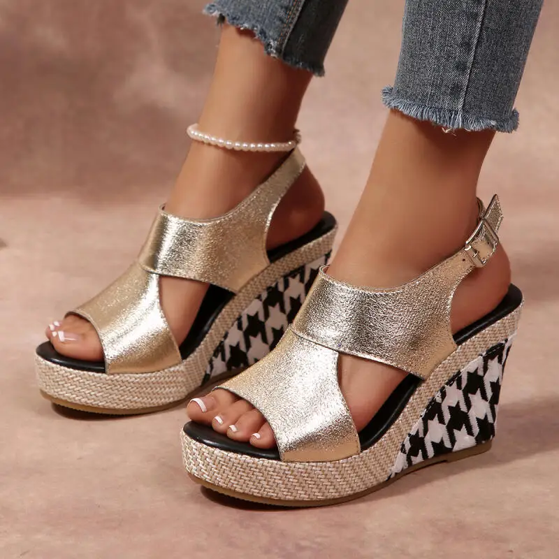 

Comfort Wedge Heel Back Strap Sandals Women Summer 2026 Designer Hollow Out Gold Sandals Woman's Platform Height Increase Shoes