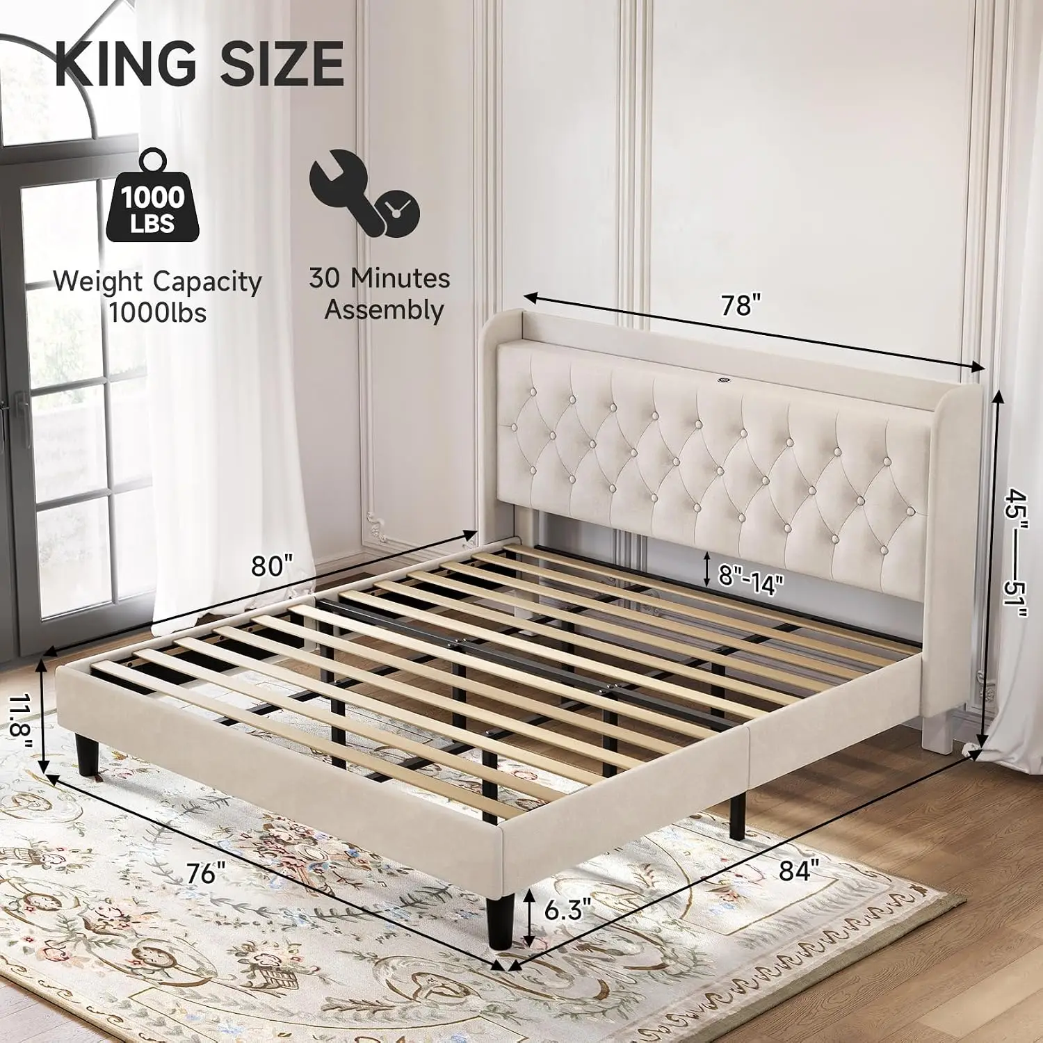 King Velvet Bed Frame, Adjustable Upholstered Platform Bed Frame with Type-C&USB Ports, Wingback Storage Headboard