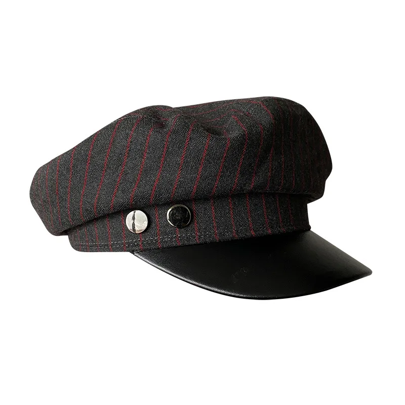 Wool Blend Nautical Striped Hat - Korean Style Short Brim Flat Top Size-Adjustable Casual Trendy Unisex Baseball Cap