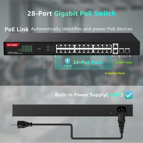 Imagen 2 del producto Conmutador PoE Gigabit de 28 puertos PoE de 24 puertos con 2 puertos Gigabit de enlace ascendente, 2 ranuras SFP de 1G 410W Plug and Play 802.3af/at Caja de metal