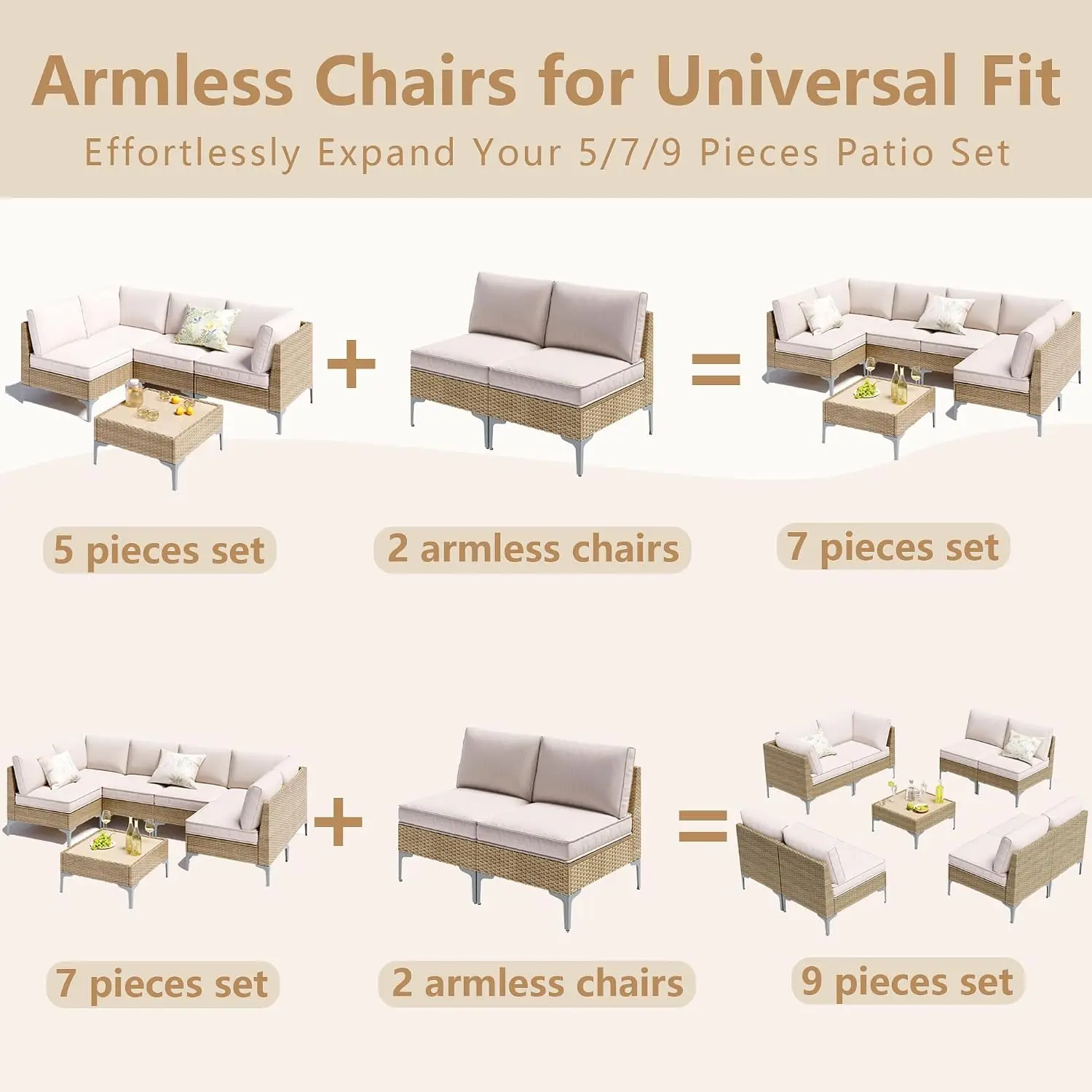 2 Pack Outdoor Wicker Armless Sofa, Patio Sectional with Thick Seat & Back Cushions for Garden Backyard Poolside, Customized