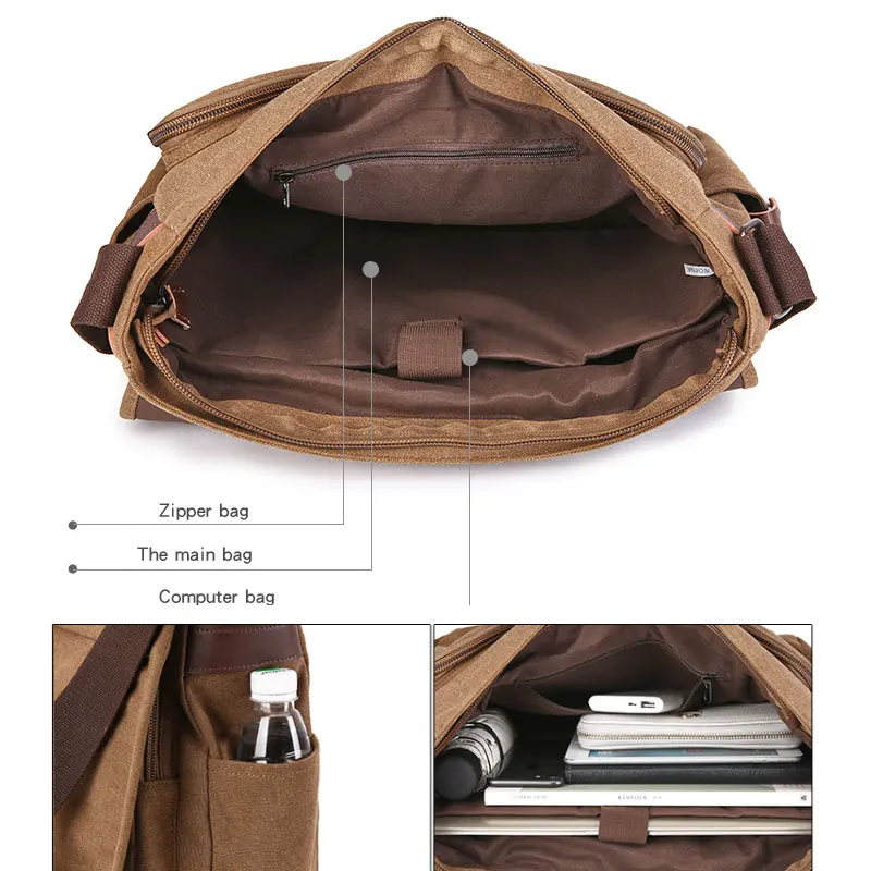 Scione Men Canvas Shoulder Bag Casual Men Retro Zipper laptop bag Crossbody Outdoor Bags Mens Travel School Shoulder Bag