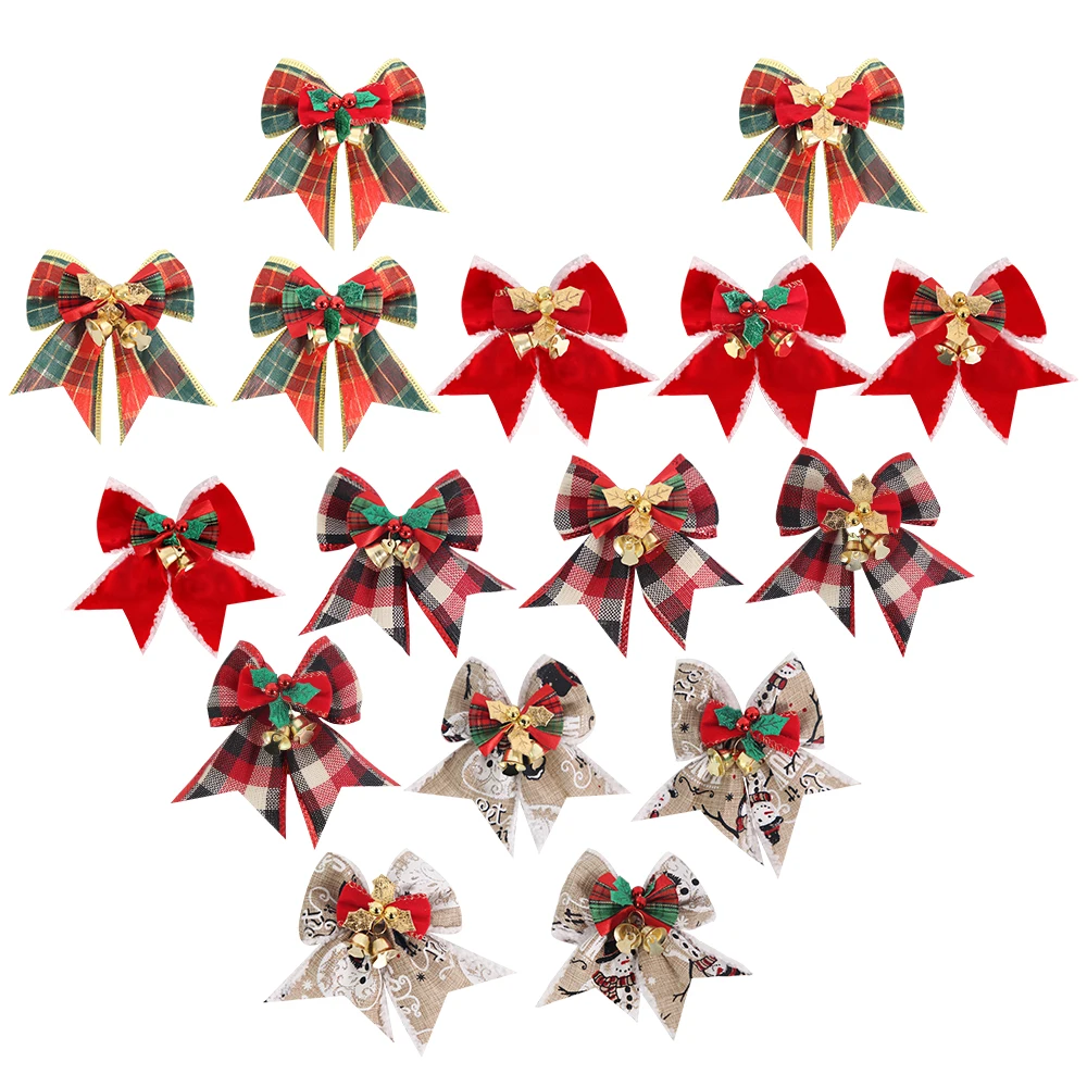1pcs/Pack Christmas Vintage Linen Ribbon Knot Christmas Tree Decorations Bell Bows Home Party Gift Box Decoration