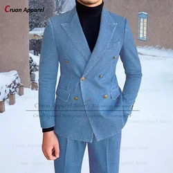 Latest Denim Suit Men Slim fit Fashion Double Breasted Business Wedding Vintage Tuxedo Tailor-made Casual Jacket Pants 2 Pieces