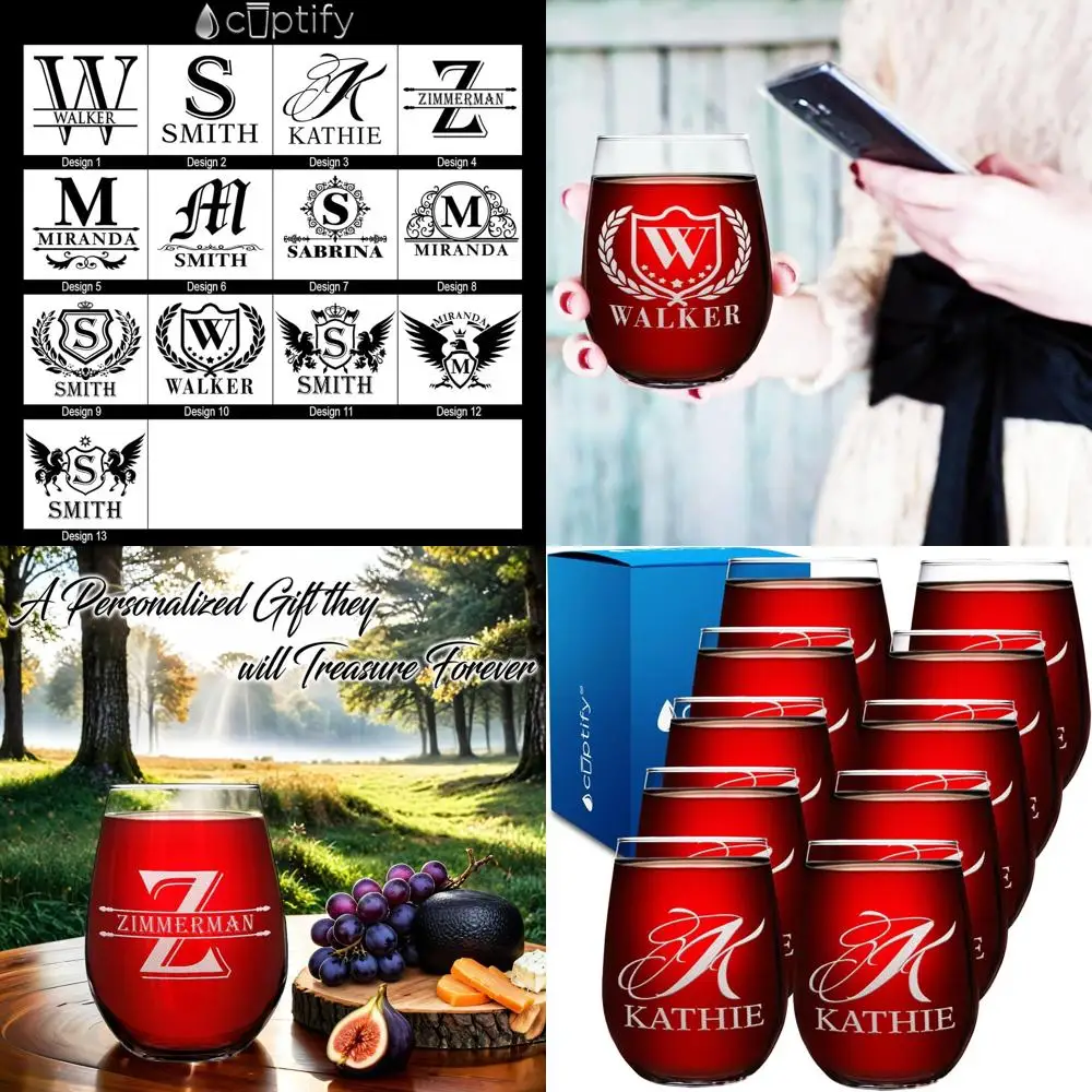 

Set of 10 Personalized 17 oz Stemless Wine Glasses with Initials & Name - Custom Engraved Gift for Women, Wedding Favors, Brides
