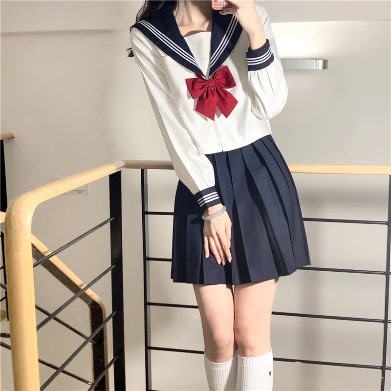 Thick White Three Lines Japanese School Uniform College High School Girls Student Uniforms Sailor Suit White Tops Pleated Skirt