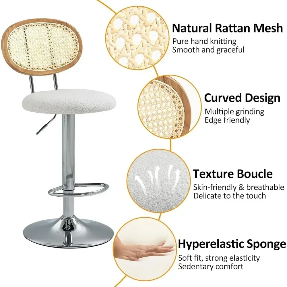 Juego de 2 taburetes de bar modernos de ratán, asiento giratorio, reposapiés y respaldo de caña, sillas de bar ajustables en altura para encimera de cocina