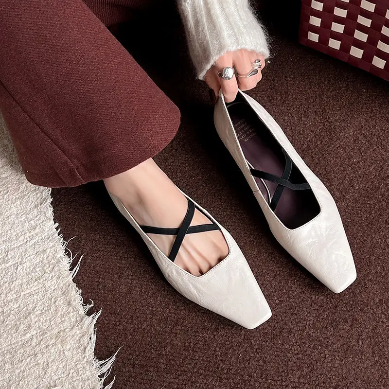 Zwart Witte Stippen Vrouwen Ondiepe Ballet Flats Vierkante Neus Elastische Cross Band Ballerine Creeper Beige Leer Chic Werk Mocassins