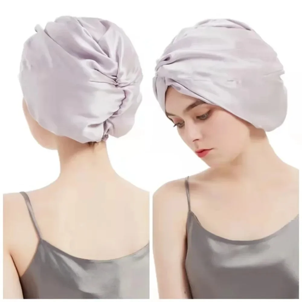 Bonnet Solid Color Turban Hat for Women Soft Sleeping Night Cap Double Layer Silk Hair Wrap Cap for Curly Ladies Bath Cap