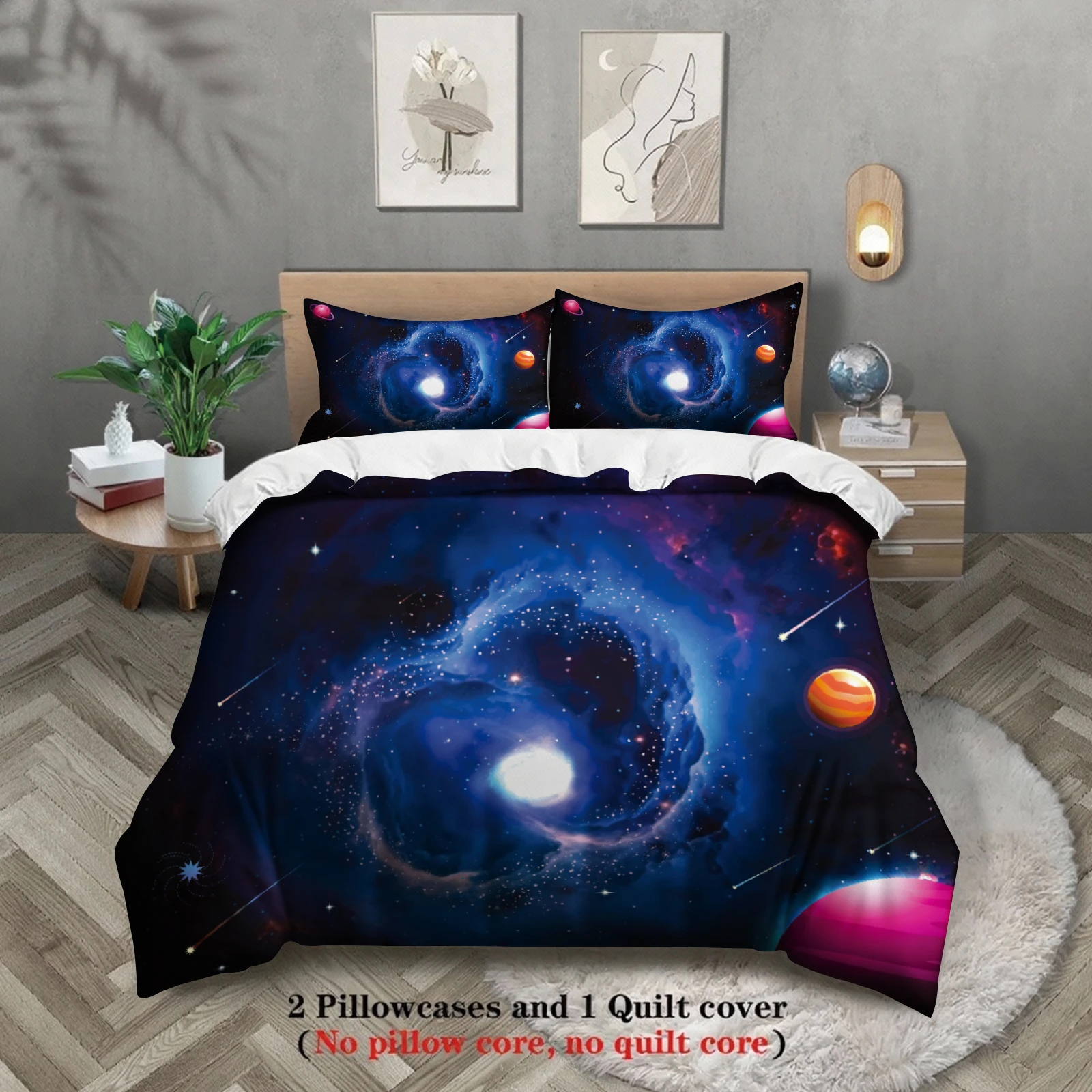 3pcs Space Theme Bedding Sets 3D Printed Planets And Rockets Duvet Cover Sets With Pillowcases No Filling