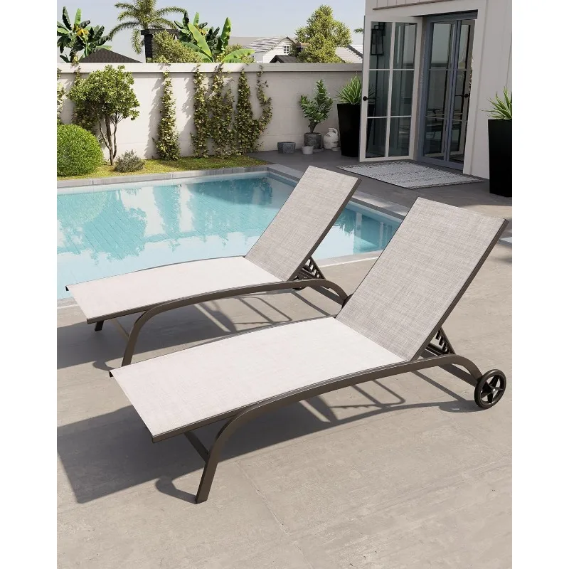 

Aluminum Chaise Lounge Chairs with Wheels Outdoor Adjustable Recliner Five-Position and Full Flat All Weather，beach chair