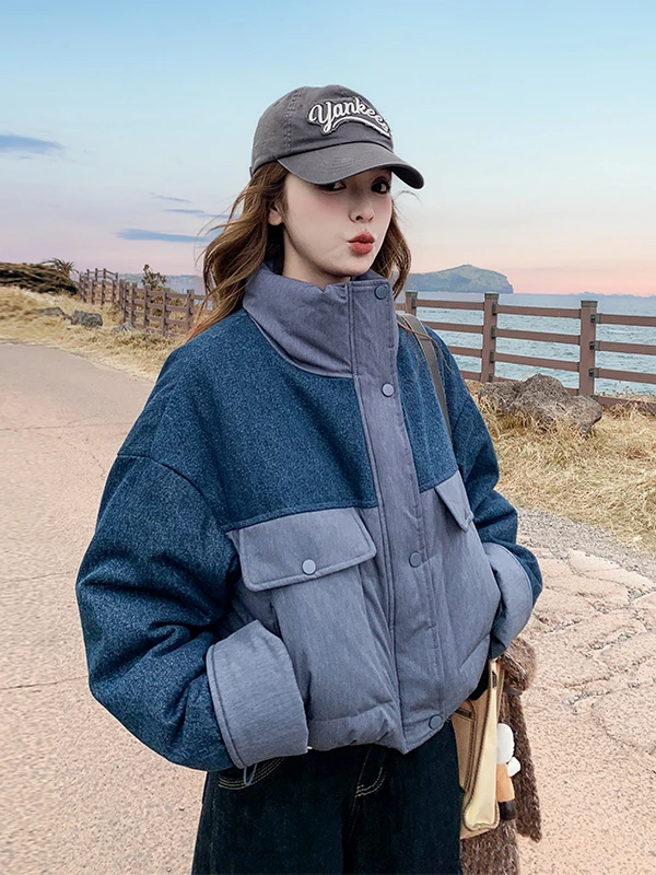 여성용 오르트 퍼퍼 재킷 화이트 듀 다운 스탠드 칼라 컬러 블록 디자인 겨울 따뜻한 아우터웨어 출퇴근용 루즈핏