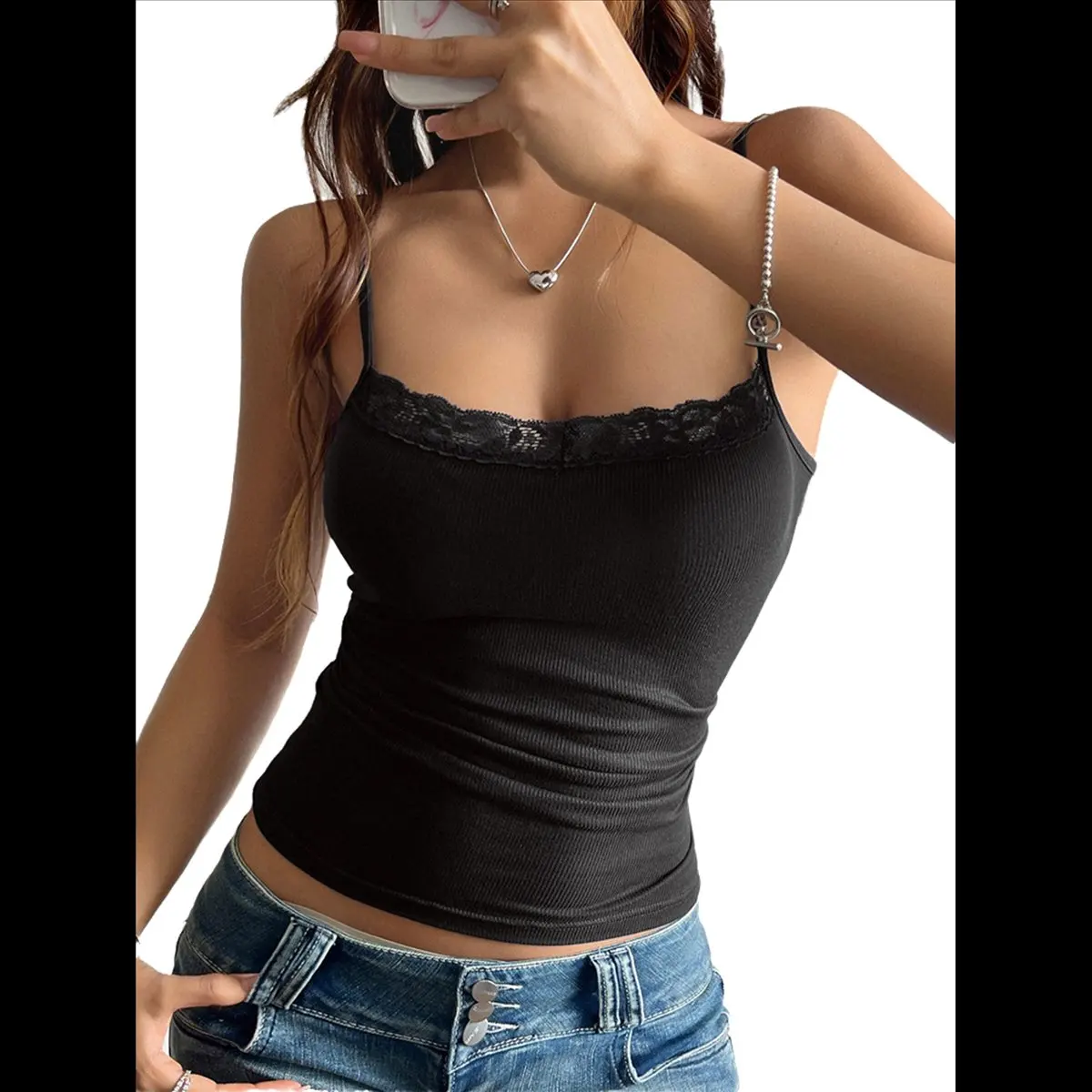 ●Women'S Summer Lace Trim Tops Spaghetti Strap Low Cut Ribbed Crop Tank Tops Y2K Going Out Black S