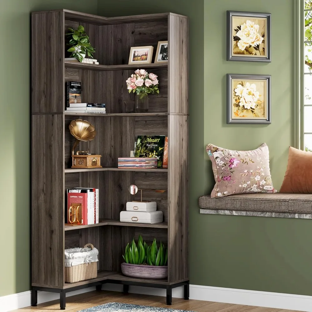 

71 inches Corner Bookcase, 6-Tiers L-Shaped Bookshelf, Industrial Etagere Tall Storage Display Rack, Wooden Large Freestanding