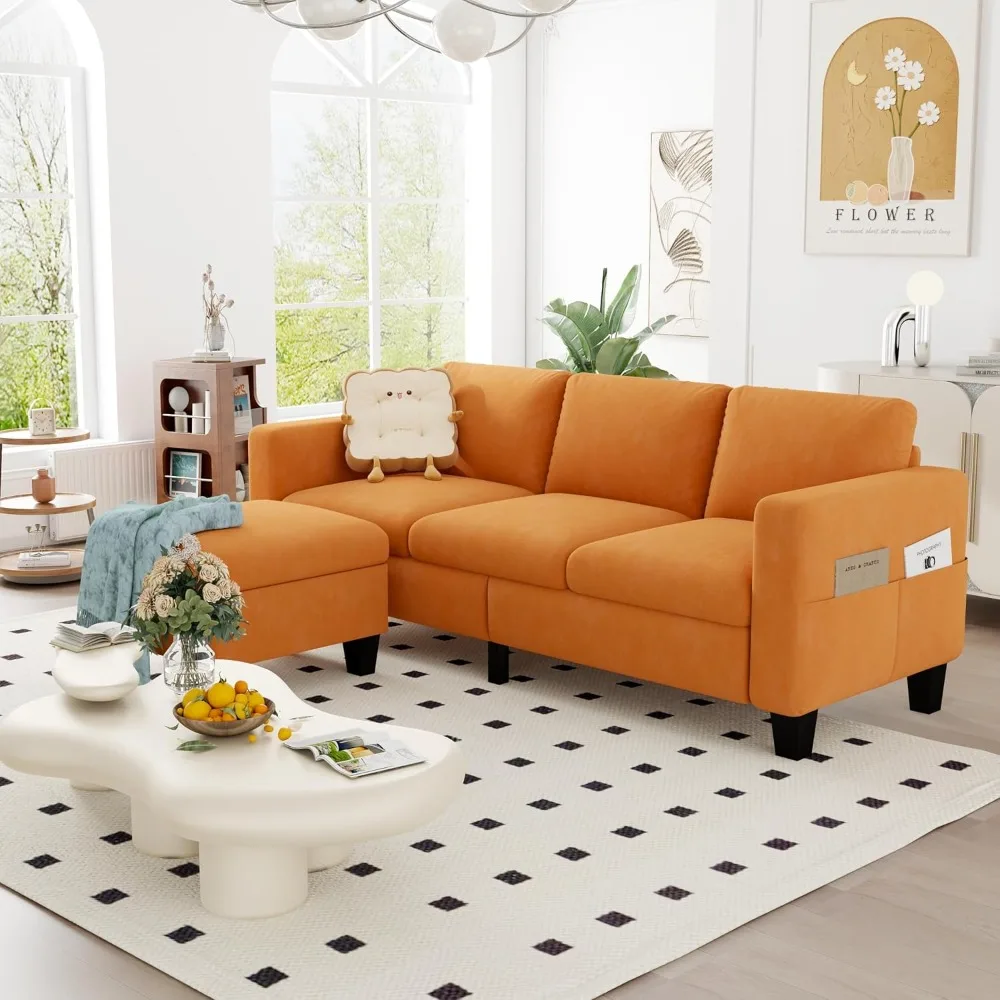 

Convertible Sectional Sofa Couch,Classic 3 Seat L-Shaped Sofa Set with Movable Ottoman, Modern Orange Velvet Upholstered S