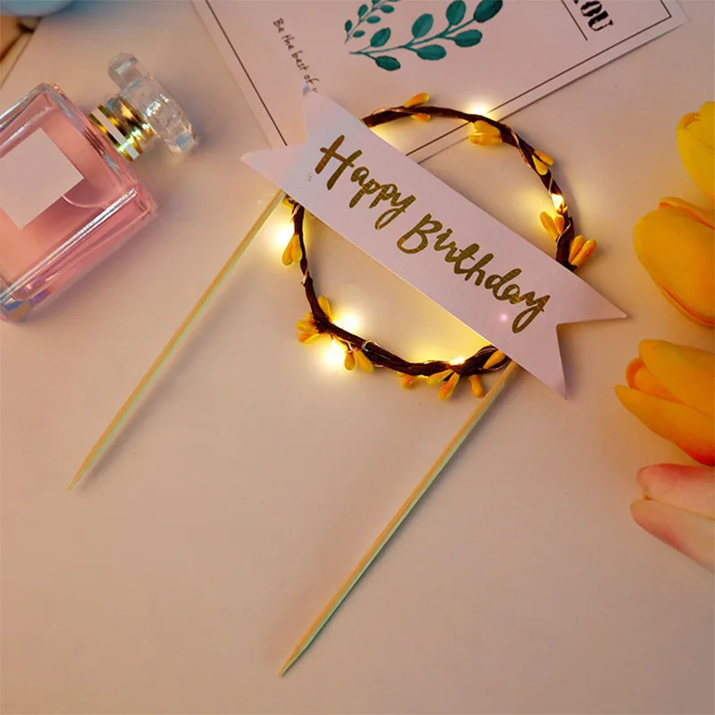 2022 NEW LED Glowing Flower Wreath Cake Topper Happy Birthday Cake Decor for Birthday Party Gold Leaves Cake Toppers