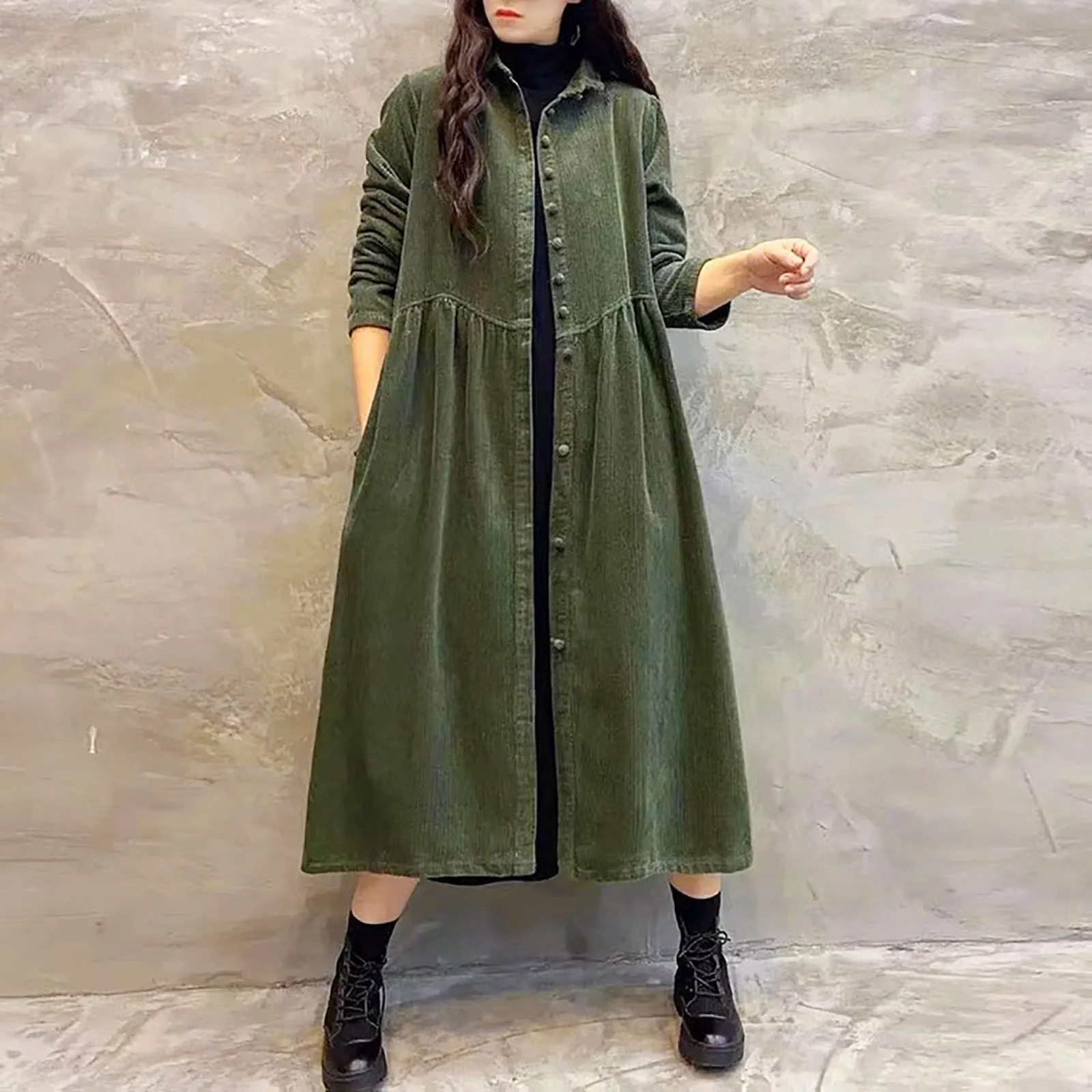 Autumn Winter Thick Corduroy Dress for Women Vintage Solid Casual Loose Long Sleeve Button Shirt Maxi Dress Cardigan Tunic Tops