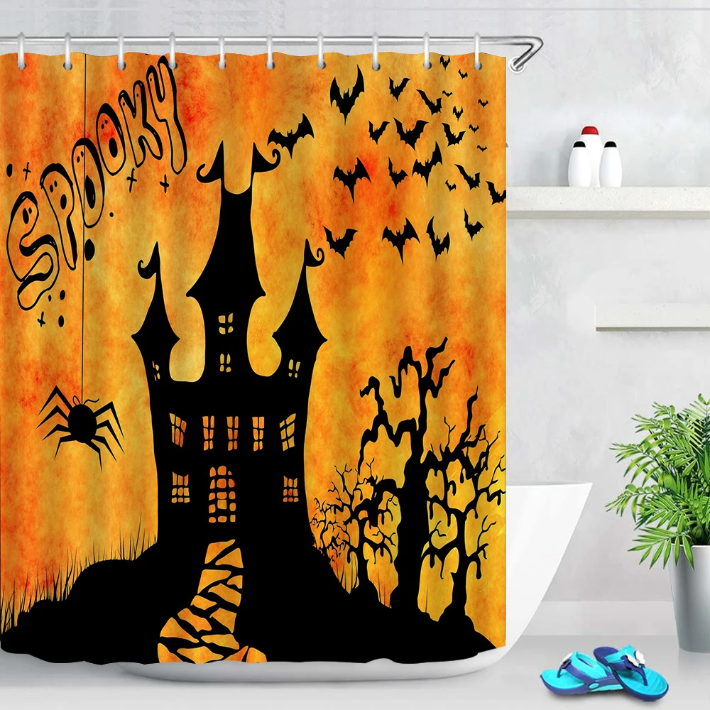 2022 Halloween Series Shower Curtain Cartoon Horror Castle Bat Giant Moon Children's Bathroom Tapestry Bathroom Screen Banheiro