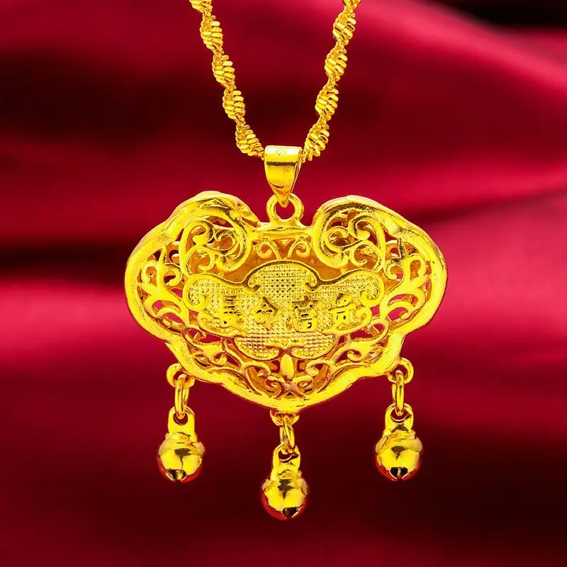 Gold-Plated Longevity Lock Pendant for Men and Women, Traditional Chinese Wedding and Baby Gift Symbolizing Good Fortune Health