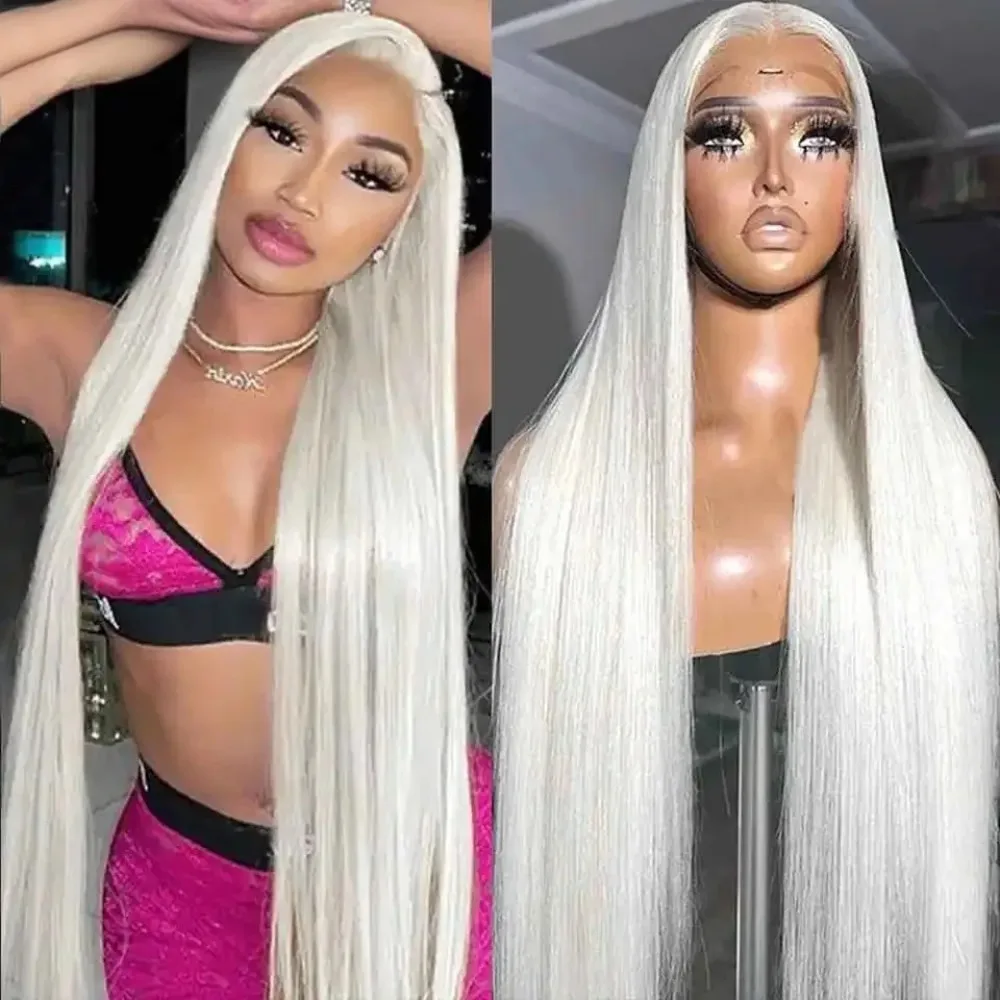 

Long Silky Straight White Blonde Color Synthetic 13X4 HD Lace Frontal Wig For Women Prepucked With Natural Hairline Glueless Wig