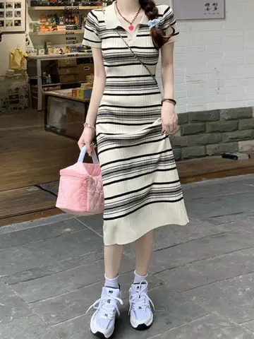 원피스 루즈핏 스트라이프 프린트 티셔츠, 한국 버전, 미디엄 롱 반팔 스커트, 여름 9 여름 새로운 디자인 부드러운 바람 폴로 칼라 드레스 여성 캐주얼 한국 스타일 스트라이프 a 라인 미디 드레스 반팔