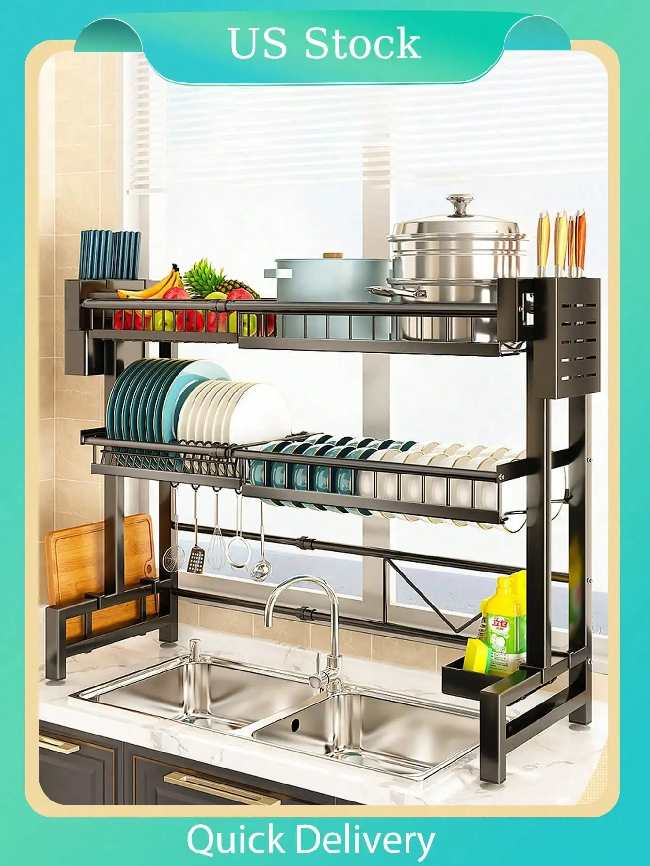 

1pc 31.89in(81cm) Height. Double Layer Over Sink Dish Drying Rack Adjustable Snap-On Design 2 Tier Large Kitchen