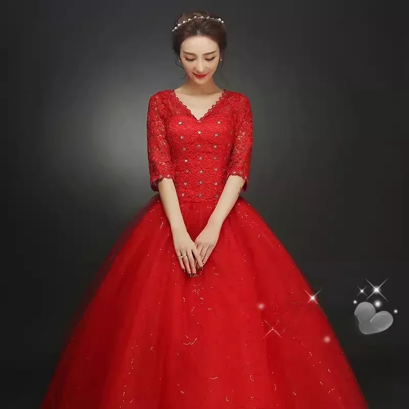 Red Wedding Dresses Lace Crystal V-neck Half Sleeves Sequins Bling Sequins Tulle Princess Floor-length Plus size Bride Ball Gown