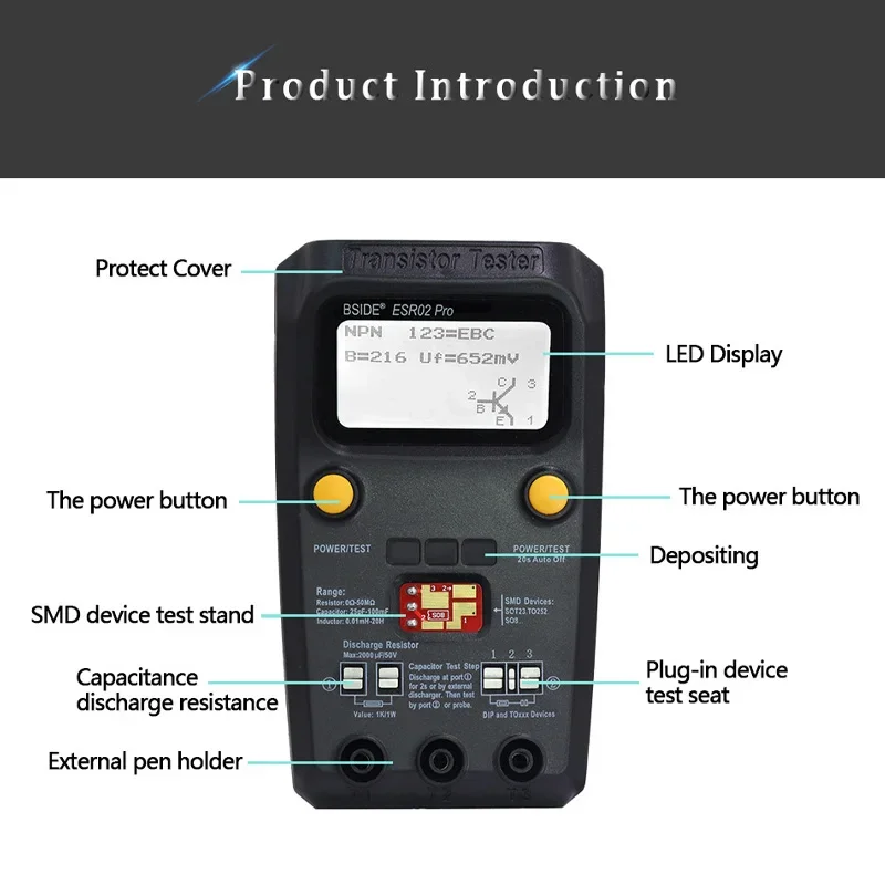 OEM komponenty dioda trioda rezystor pojemnościowy BSIDE ESR02PRO cyfrowy Tester próbnik elektroniczny SMD MOSFET NPN Triac detektor