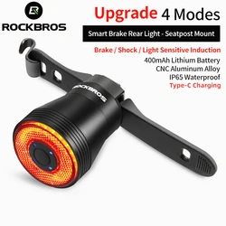 ROCKBROS Smart Bike Tail Light Type-C Rechargeable Ultra Bright Brake Sensing Bicycle IPX6 Rear Lamp Sense Flashlight Red Light