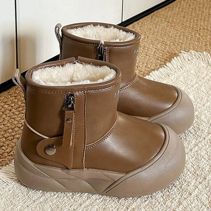 PU Leather Children's Snow Boots Waterproof Thick Warm Winter Plush Footwear For Kids Trend Fashion Boy's Girl's Cotton Shoes