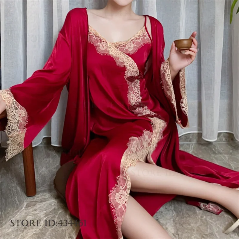 Women Sleepwear 2PCS Patchwork Lace Long Sleeve Belted Robe Nightgown V Neck Slip Night Dress Sexy Elegant Women Pajamas Sets - Image 4