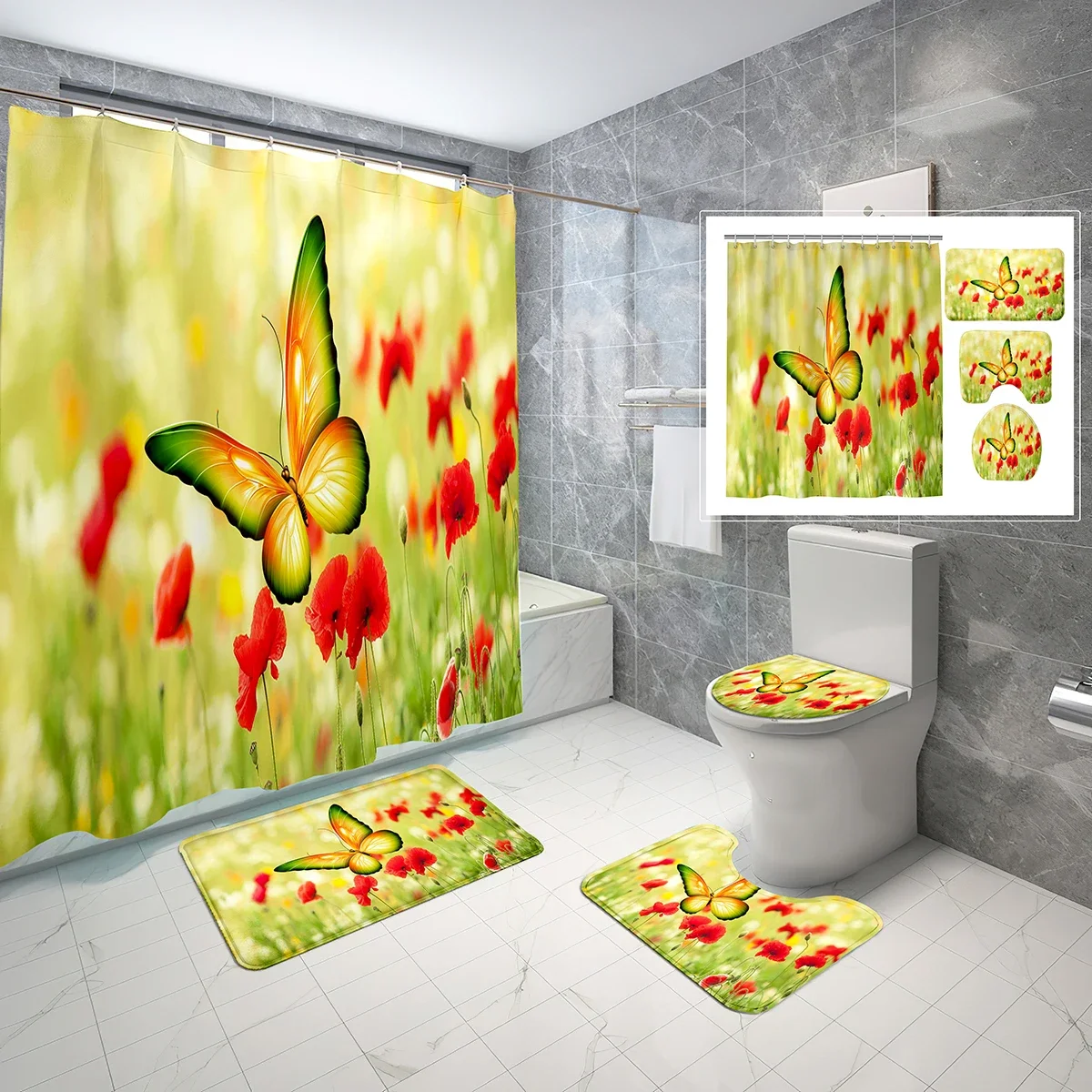 4 PCS Colorful Butterfly Shower Curtain Set Butterfly on The Plant Shower Curtain Bathroom Non-Slip Bath Mat Toilet Cover Cover