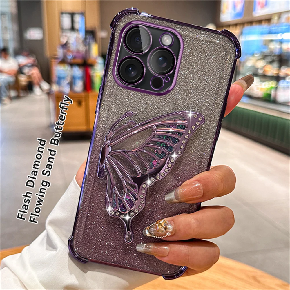 Glitter Plating Butterfly Phone Holder Shockproof Cases For Samsung A03 A04 A05 A05S A12 A13 A14 A15 Soft Silicone Back Cover