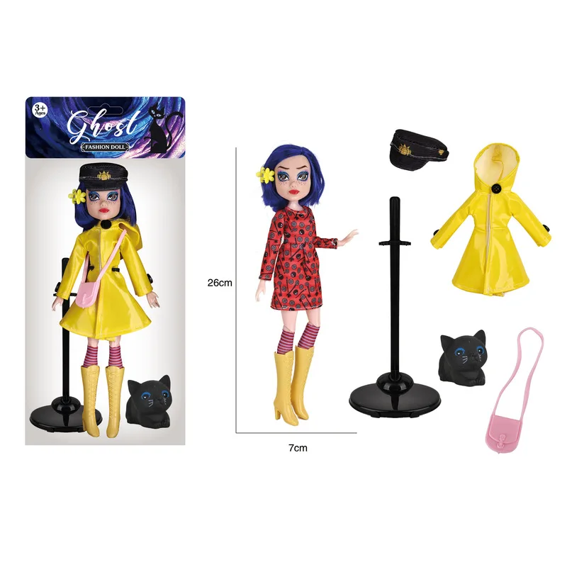 Ghost Coraline Doll Two In One Collectible Action Figure Yellow Raincoat Pajama Version With Black Cat Accessory Collectible Toy view 3
