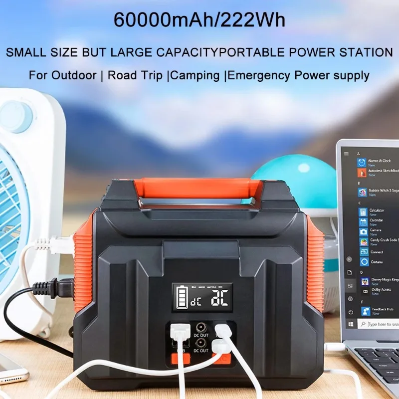 300W Portable Power Station 222Wh solar generetor 60000mAh Pure Sine Wave AC Outlet Outdoor Emergency Mobile Power Bank Camping