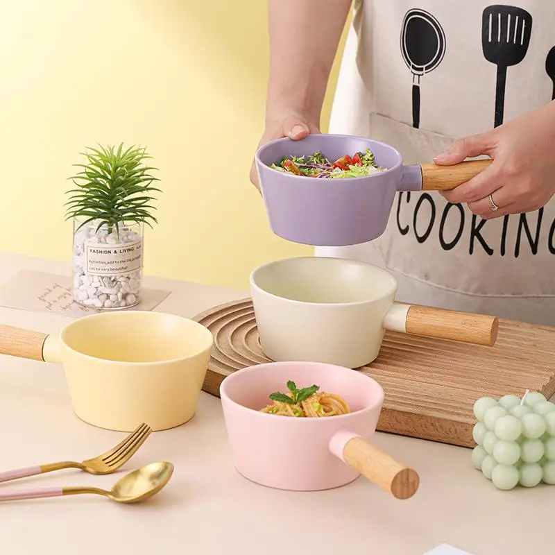 Nordic Creative Ceramic ]with Handle Home Use Wheat Rice ]Salad Bowl Internet Famous Children Handle Ceramic ]