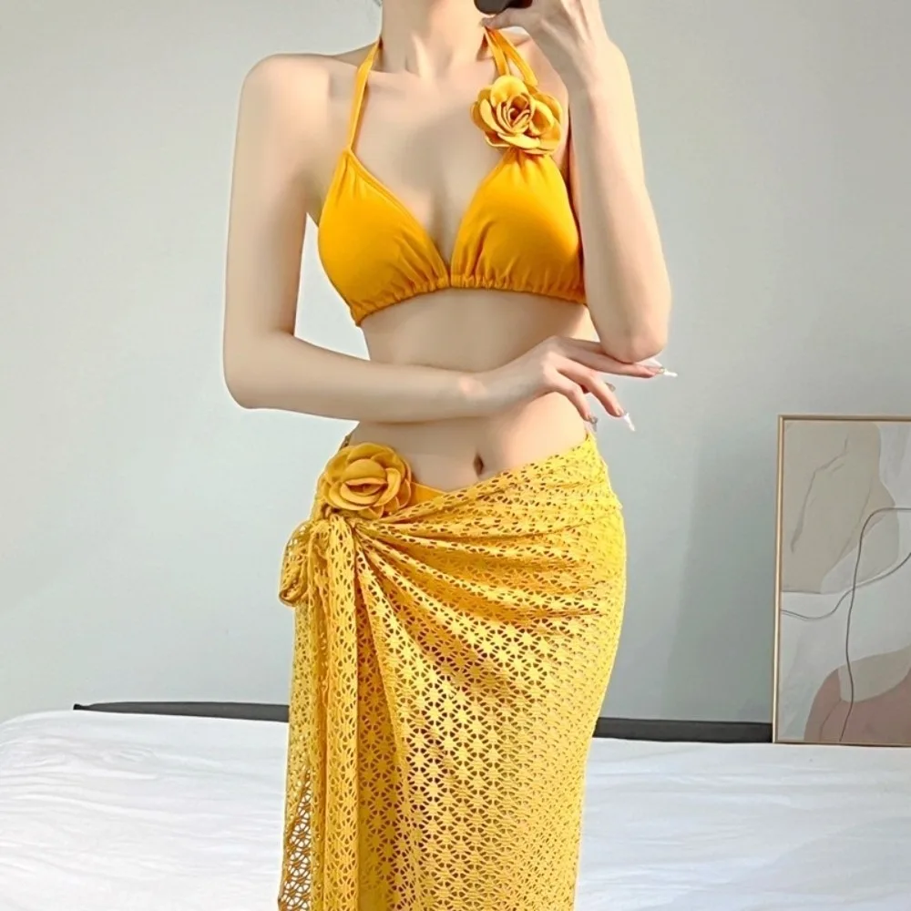 

3pcs Stylish Long Dress Bikini Set for Women Self Tie Padded Bathing Suits Halter Neck Sexy Women Swimwear Set Beach Vacation