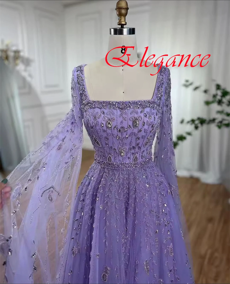 Customized Delicate Light Purple Organza Evening Dress  Graceful Square Collar Long Sleeves Zipper Back Crystal Homecoming Dress