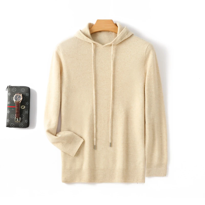 Autumn and winter cashmere sweater men\'s hooded loose sweater 100% pure wool solid color bottoming sweater