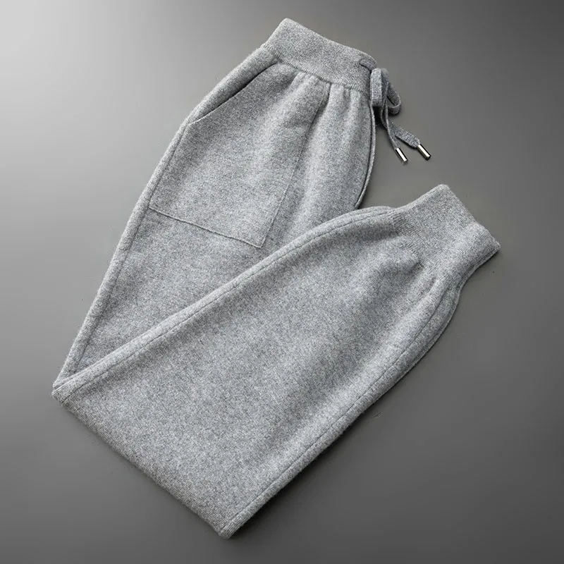 100% Cashmere Pants Men\'s High Waist and Small Feet Pants Solid Color Knitted Pants Autumn Winter Four Flat Thickened Warm Pants