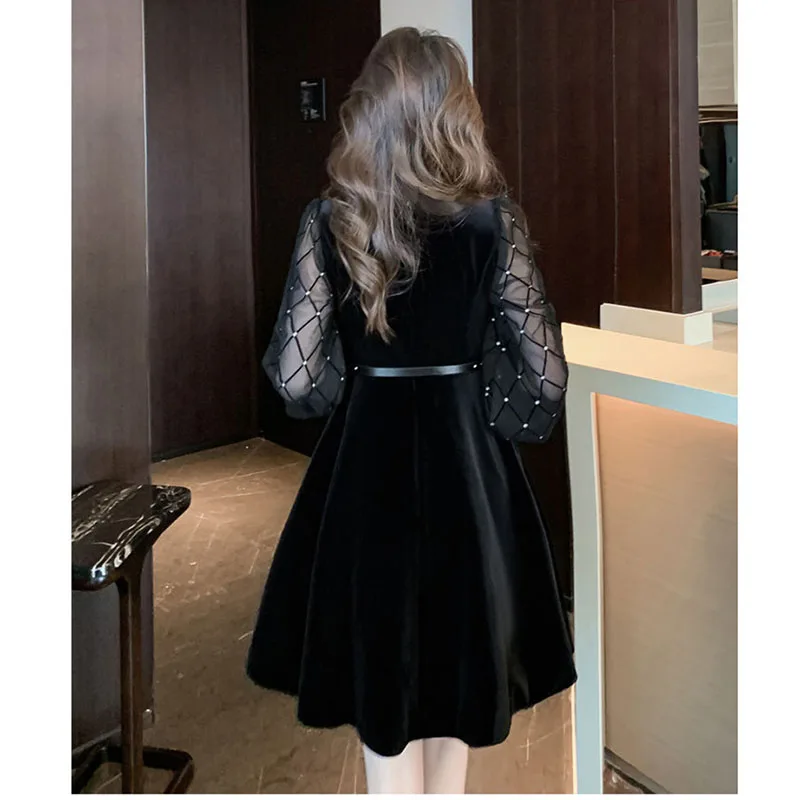 Czarna aksamitna sukienka z kwadratowym dekoltem dla kobiet Wiosna Nowa kolekcja Sukienka z długim rękawem w kształcie litery A dla kobiet