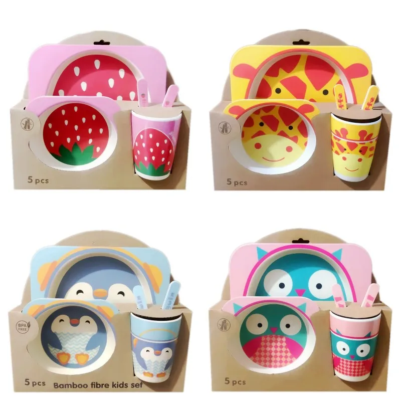 5pcs Baby Natural Bamboo Tableware Bamboo Bowl Baby Feeding Tableware Children Cute Cartoon Gift Bowl Set