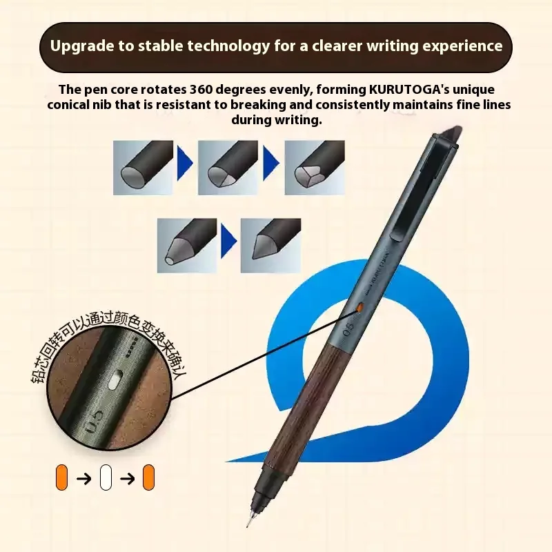 Uni Kuru Toga Drewniany Ołówek Mechaniczny z Metalową Obudową ​   M5-KW/KH 0,5MM ​ Automatyczne ołówki o dużej wytrzymałości, artykuły papiernicze na rozpoczęcie roku szkolnego ​ — zdjęcie produktu 5